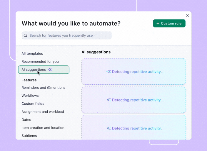gif of wrike ai suggestions for automation on purple background