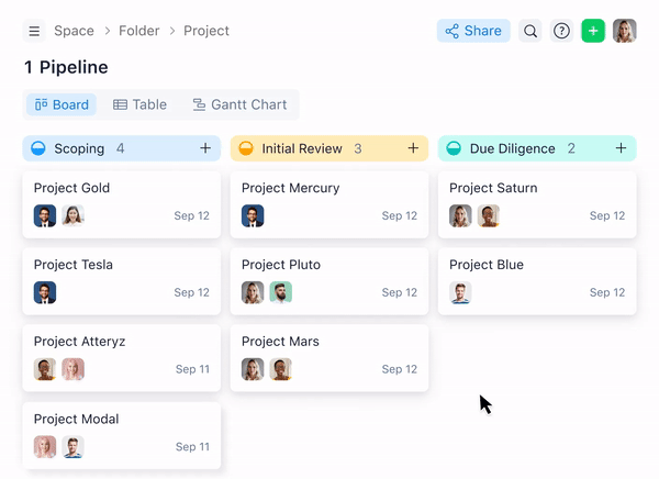 gif of wrike board view pipeline management